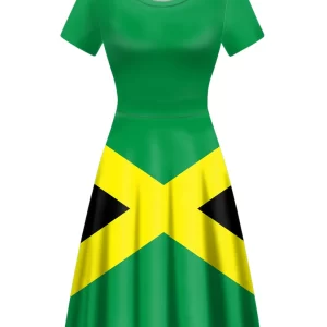 Women Casual Dress Summer Jamaica Flag Print Loose Swing Short Sleeve Knee Length V Neck Elegant Tunic Dress