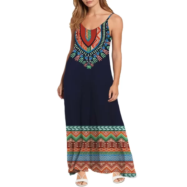 Ankara Africa Print Kente Women Casual Loose Bohemian Floral Print Dresses Spaghetti Strap Long Maxi Summer Beach Swing Dress - Image 5